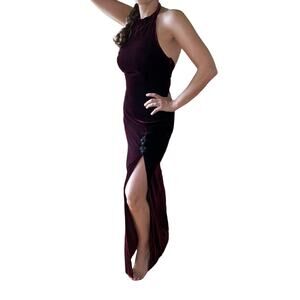 Vintage Scarlett Nite size 11/12 small purple velvet halter dress slit low back